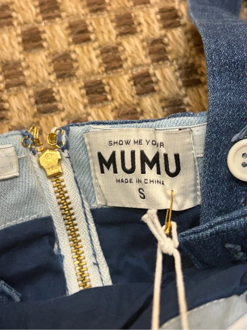 Show Me Your MuMu Striped Denim Patchwork Mini Dress in Light & Dark Blue - Picture 4 of 6